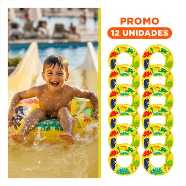 PACK12 RUEDA INFLABLE AMARILLA CON ESTAMPADO DE DINOSAURIO PARA DIVERSION Y+REGALO STICKER