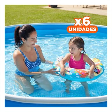 PACK6 FLOTADOR ARO CELESTE DE 61 CM CON DIBUJOS PLAYEROS PARA PISCINA Y+REGALO STICKER