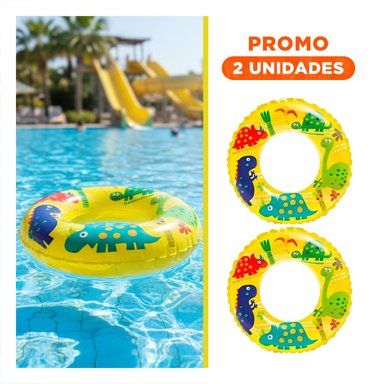 PACK2 RUEDA INFLABLE AMARILLA DE 61 CM CON DISENO DE DINOSAURIO PARA PISCINA Y AGUA