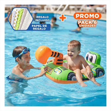 PACK6 FLOTADOR EXCAVADORA VERDE INFLABLE NIÑOS PISCINA CON DISEÑO PORTATIL JUEGO Y+PAPEL REGALO