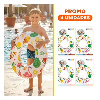 PACK4 RUEDA INFLABLE DE 61 CM CON DISENO TROPICAL DE FRUTAS PARA PISCINA Y+REGALO STICKER