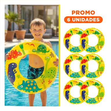 PACK6 FLOTADOR CIRCULAR AMARILLO DE 61 CM CON GRAFICA DE DINOSAURIO PARA PISCINA Y AGUA