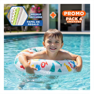 PACK4 ARO FLOTANTE DE 61 CM CON DISENO ALEGRE DE PEZ PARA PISCINA Y+PAPEL REGALO