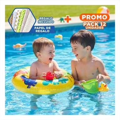 PACK12 FLOTADOR CIRCULAR AMARILLO CON DISENO COLORIDO DE DINOSAURIO PARA PISCINA Y+PAPEL REGALO