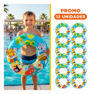 PACK12 FLOTADOR CIRCULAR CELESTE CON DISENO COLORIDO DE PLAYA PARA PISCINA Y+REGALO STICKER