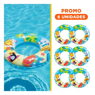 PACK6 FLOTADOR CIRCULAR CELESTE DE 61 CM CON GRAFICA DE PLAYA PARA PISCINA Y AGUA