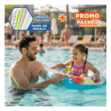 PACK12 RUEDA INFLABLE CELESTE DE 61 CM CON ESTAMPADO DE PLAYA PARA DIVERSION Y+PAPEL REGALO