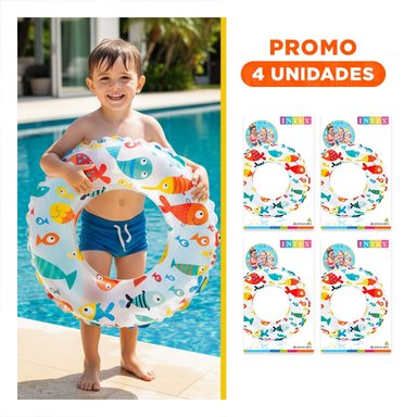 PACK4 FLOTADOR ARO DE 61 CM CON DIBUJOS MARINOS DE PEZ PARA PISCINA Y+REGALO STICKER