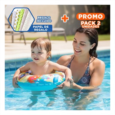 PACK2 RUEDA INFLABLE CELESTE DE 61 CM CON DISENO PLAYERO PARA PISCINA Y AGUA Y+PAPEL REGALO