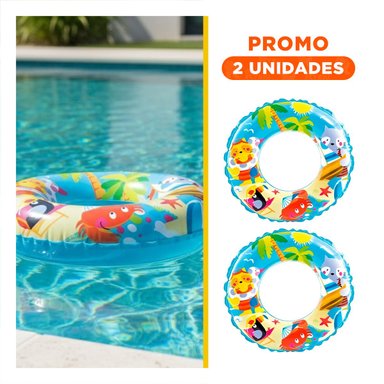 PACK2 FLOTADOR CIRCULAR CELESTE DE 61 CM CON DIBUJOS DE PLAYA PARA PISCINA EN CASA