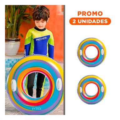 PACK2 RUEDA INFLABLE ARCOIRIS CELESTE DE 91 CM PARA ACTIVIDADES EN AGUA
