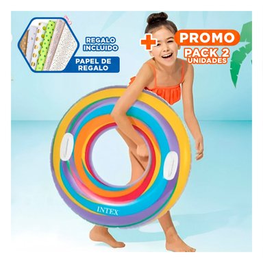 PACK2 FLOTADOR CIRCULAR ARCOIRIS CELESTE DE 91 CM PARA PISCINA Y DIVERSION Y+PAPEL REGALO