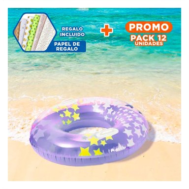 PACK12 RUEDA INFLABLE MORADA CON ASA Y DIBUJOS DE ESTRELLA DE 91 CM PARA VERANO Y+PAPEL REGALO