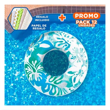 PACK12 RUEDA INFLABLE CELESTE DE 91 CM CON ESTAMPADO FLORAL SUBMARINO Y+PAPEL REGALO