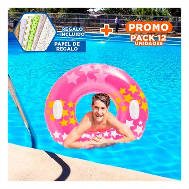 PACK12 RUEDA INFLABLE ROSADA CON ASA Y ESTRELLA PARA PISCINA Y JUEGOS EN AGUA Y+PAPEL REGALO