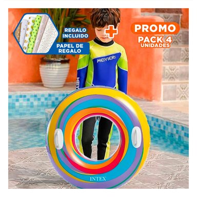 PACK4 ARO INFLABLE ARCOIRIS CELESTE DE 91 CM PARA JUEGOS EN PISCINA Y+PAPEL REGALO