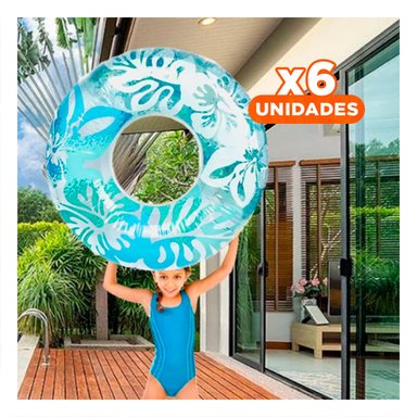 PACK6 FLOTADOR CELESTE TIPO ARO DE 91 CM CON ALGAS Y FLORES PARA AGUA Y+REGALO STICKER