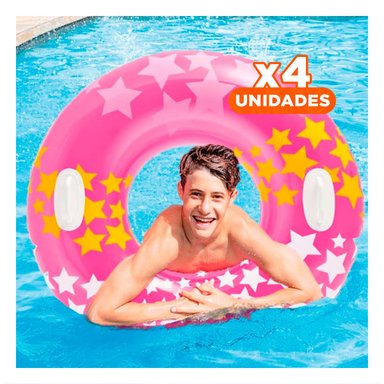 PACK4 FLOTADOR ARO ROSADO CON ASA Y DIBUJOS DE ESTRELLA PARA PISCINA Y JUEGOS