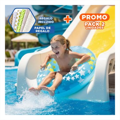PACK2 FLOTADOR CIRCULAR CELESTE CON ASA Y ESTRELLA PARA PISCINA Y AGUA Y+PAPEL REGALO