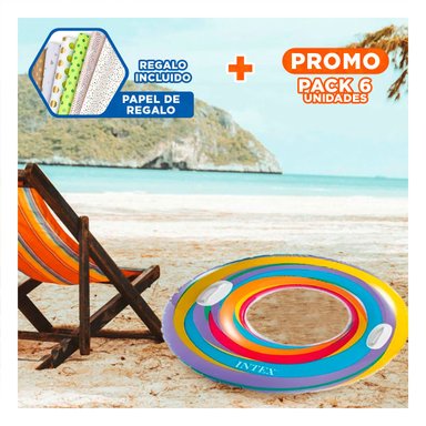 PACK6 ARO FLOTANTE ARCOIRIS CELESTE DE 91 CM PARA AGUA EN VERANO Y+PAPEL REGALO