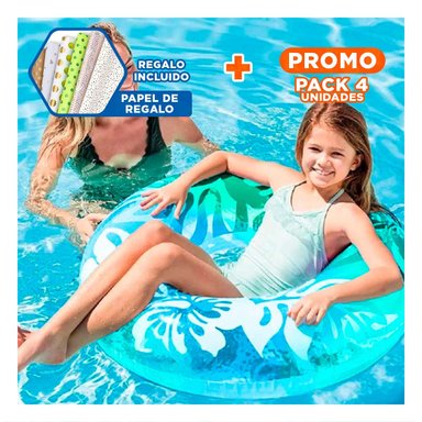 PACK4 ARO INFLABLE CELESTE DE 91 CM CON ESTILO FLORAL MARINO PARA VERANO Y+PAPEL REGALO