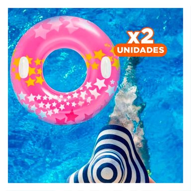 PACK2 ARO FLOTANTE ROSADO CON ASA Y DISENO COLORIDO DE ESTRELLA PARA PISCINA Y+REGALO STICKER