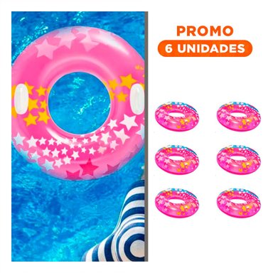 PACK6 FLOTADOR CIRCULAR ROSADO CON ASA Y DIBUJOS DE ESTRELLA PARA PISCINA EN CASA