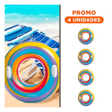 PACK4 RUEDA INFLABLE ARCOIRIS CELESTE DE 91 CM PARA DIVERSION ACUATICA Y+REGALO STICKER