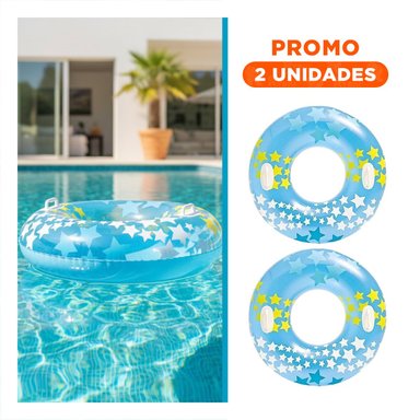 PACK2 RUEDA INFLABLE CELESTE CON ASA Y DIBUJOS DE ESTRELLA PARA PISCINA FAMILIAR
