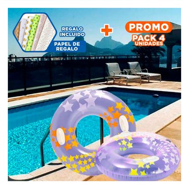 PACK4 ARO FLOTANTE MORADO CON ASA Y DIBUJOS DE ESTRELLA DE 91 CM PARA AGUA Y+PAPEL REGALO