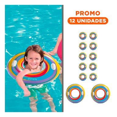 PACK12 ARO INFLABLE ARCOIRIS CELESTE DE 91 CM PARA DIVERSION ACUATICA Y+REGALO STICKER