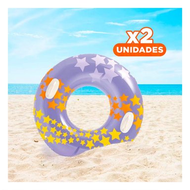 PACK2 RUEDA INFLABLE MORADA CON ASA Y DISENO DE ESTRELLA DE 91 CM PARA VERANO Y+REGALO STICKER