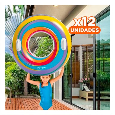 PACK12 RUEDA INFLABLE ARCOIRIS CELESTE DE 91 CM PARA JUEGOS EN AGUA