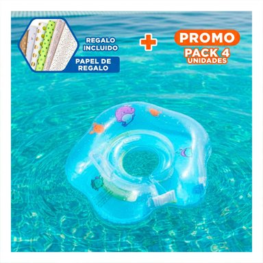PACK4 ARO FLOTANTE INFANTIL CELESTE DE CUELLO 66 X 44 CM PARA VERANO Y+PAPEL REGALO