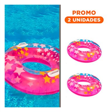 PACK2 RUEDA INFLABLE ROSADA CON ASA Y DIBUJOS DE ESTRELLA PARA PISCINA FAMILIAR