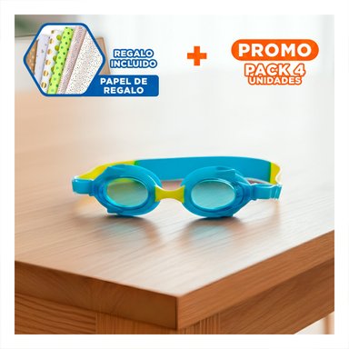 PACK4 VISOR DE NATACION CELESTE Y AMARILLO PARA NINOS USO CONTINUO Y+PAPEL REGALO