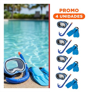 PACK4 EQUIPO AZUL PARA BUCEO PARA NINOS CON GAFAS TUBO Y ALETAS Y+REGALO STICKER