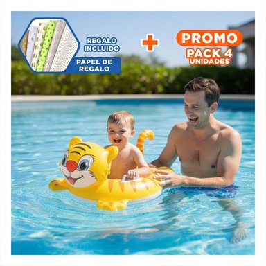 PACK4 FLOTADOR DE PISCINA INFANTIL CON FORMA DE TIGRE Y ASA PARA JUEGOS Y+PAPEL REGALO