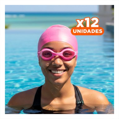 PACK12 SET DE NATACION ROSADO CON LENTES Y GORRO PARA USO ACUATICO