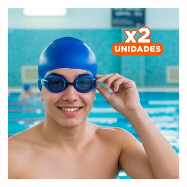 PACK2 JUEGO DE NATACION AZUL CON LENTES Y GORRO PARA ACTIVIDAD EN AGUA Y+REGALO STICKER