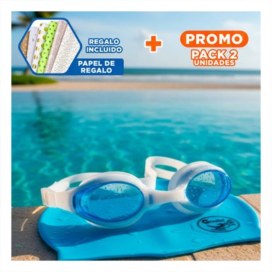 ESTUCHE2 COMBO DE LENTES Y GORRO CELESTE PARA ACTIVIDADES EN PISCINA Y+PAPEL REGALO