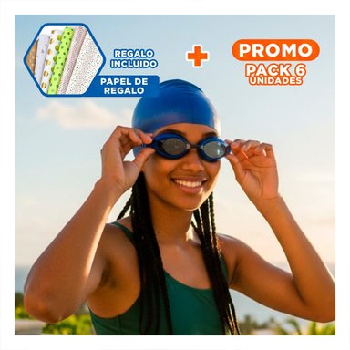 PACK6 JUEGO ACUATICO AZUL DE LENTES Y GORRO PARA PISCINA Y PLAYA Y+PAPEL REGALO