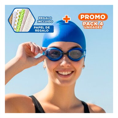 PACK4 PACK DE NATACION AZUL CON LENTES Y GORRO PARA ENTRENAMIENTO DIARIO Y+PAPEL REGALO