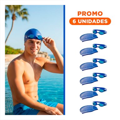PACK6 COMBO AZUL DE LENTES Y GORRO PARA ACTIVIDAD DEPORTIVA ACUATICA