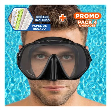 PACK4 EQUIPO DE BUCEO NEGRO CON VIDRIO TEMPLADO PARA USO RECREATIVO Y+PAPEL REGALO