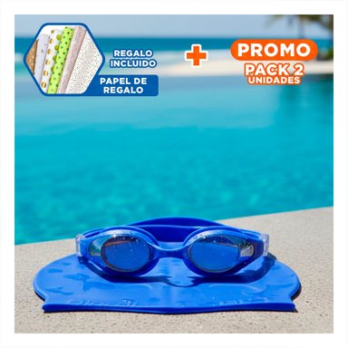 PACK2 COMBO DE NATACION AZUL CON LENTES Y GORRO PARA PRACTICA ACUATICA Y+PAPEL REGALO