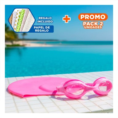 PACK2 COMBO DE NATACION ROSADO CON LENTES Y GORRO PARA AJUSTE MANEJABLE Y+PAPEL REGALO
