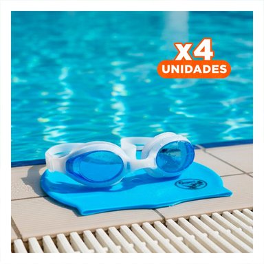 ESTUCHE4 KIT DE NATACION CELESTE CON LENTES Y GORRO PARA AJUSTE COMODO