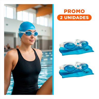 ESTUCHE2 SET ACUATICO CELESTE DE LENTES Y GORRO PARA USO RECREATIVO