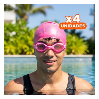 PACK4 KIT ROSADO DE LENTES Y GORRO PARA ACTIVIDAD EN PISCINA